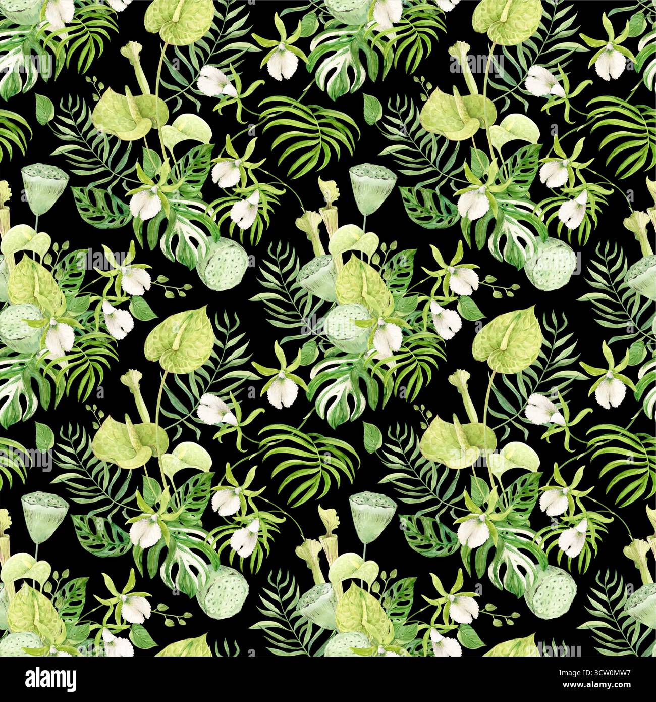 Seamless background of white orchids, green anthurium, sarracenia and monstera leaves. Pattern with exotic plants of tropical forests and jungles on a black background. Watercolor illustration. Stock Photo