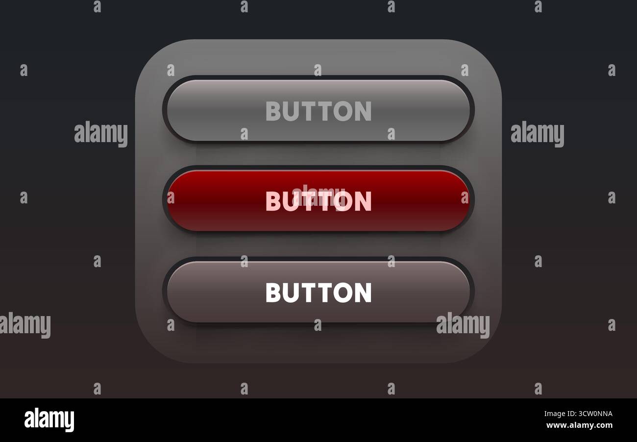 Neumorphic UI Buttons Set with Active Red Button, demonstrating modern user interface design. Vector illustration Stock Vector