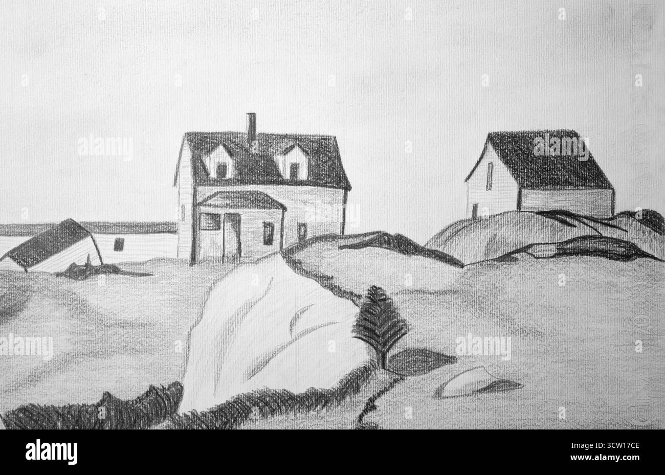 Hand drawn pencil illustration village Black and White Stock Photos ...