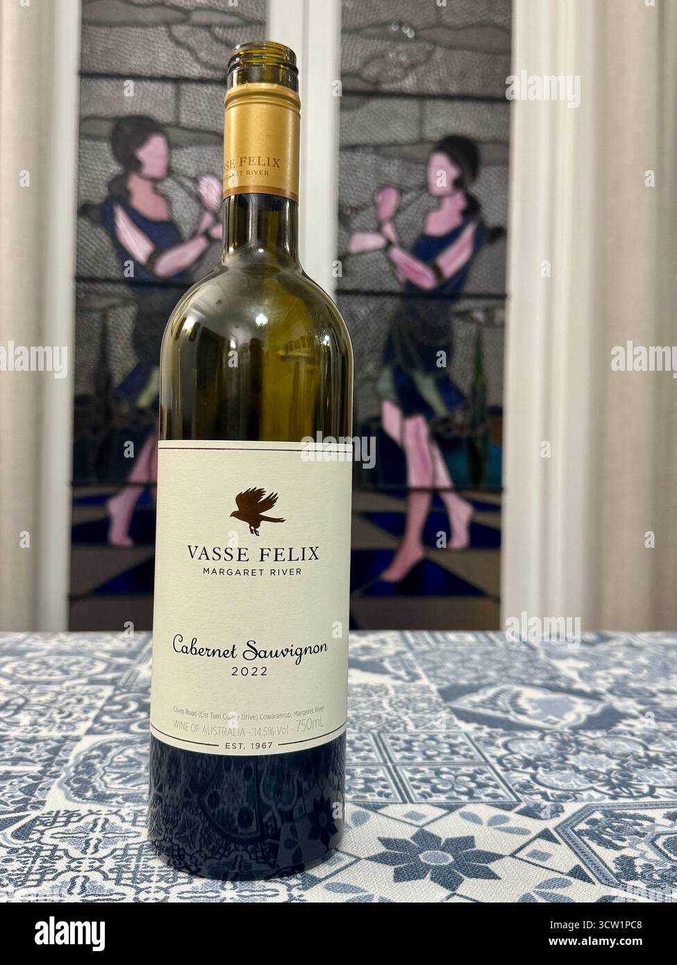 Bottle of red wine Margaret River Vasse Felix Cabernet Sauvignon from 2022 vintage Western Australia - Smartphone Captured Stock Image