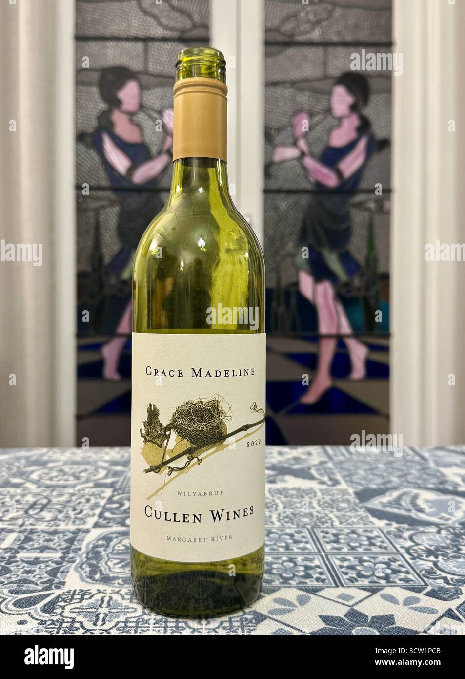 Bottle of white wine Margaret River Cullen Grace Madeline Sauvignon Blanc Semillon blend from 2020 vintage Western Australia - Smartphone Captured Stock Image