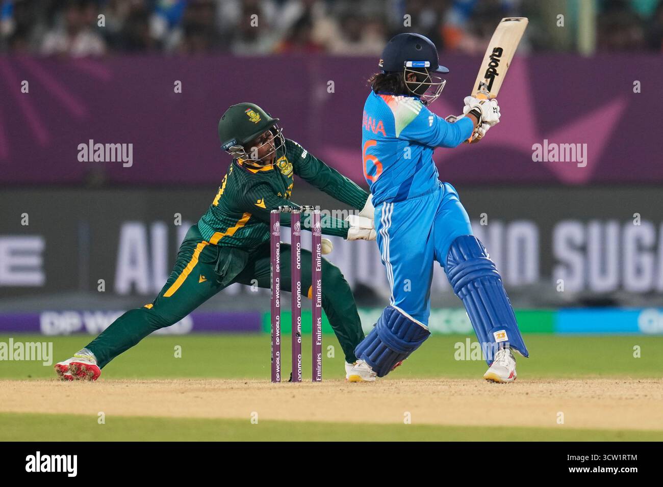 India's Sneh Rana hits a boundary during the ICC Women's Cricket World ...