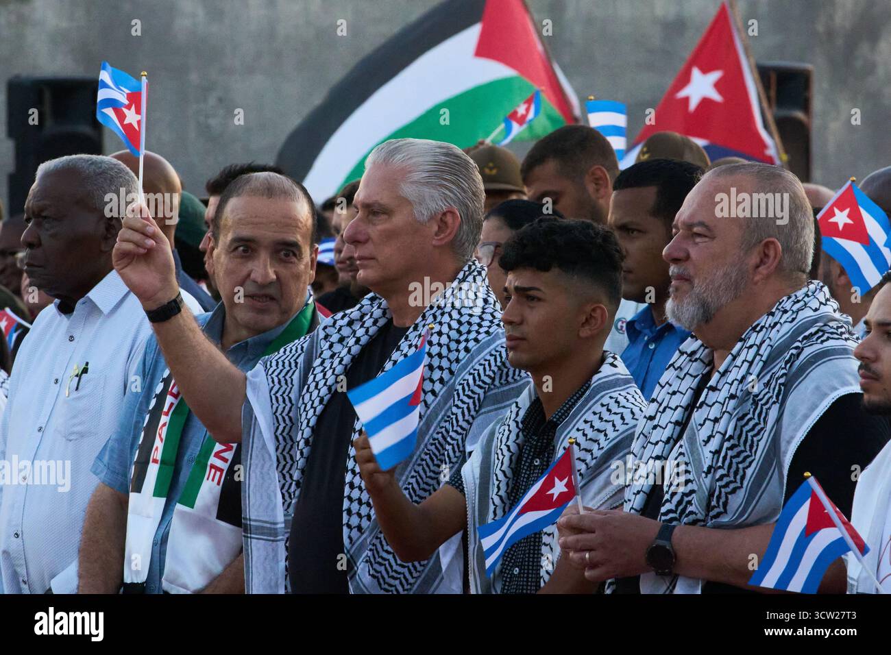 Cuban President Miguel Díaz-Canel, center, attends a pro-Palestinian ...