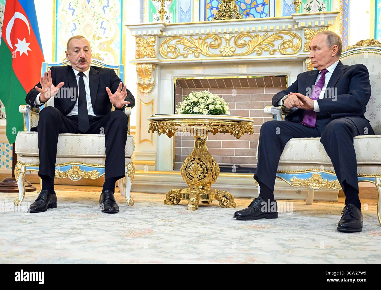 Dushanbe, Tajikistan. 09th Oct, 2025. Russian President Vladimir Putin (right) and Azerbaijani President Ilham Aliyev (left) during a meeting at the Palace of the Nation. Credit: Dmitry Azarov/Kommersant Photo/Sipa USA Credit: Sipa US/Alamy Live News Stock Photo
