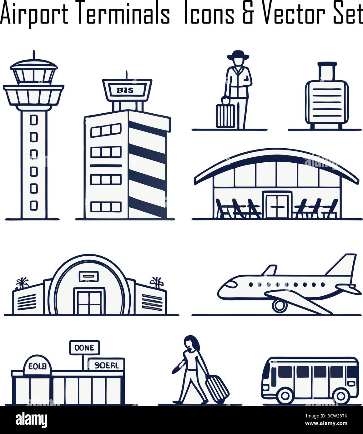 Airport terminal icons set vector illustration of travel aviation and ...