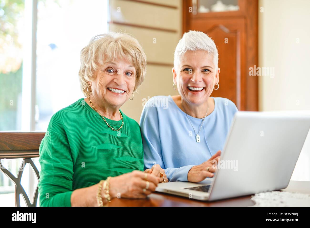 A daughter explaining some documentation to senior parent Stock Photo