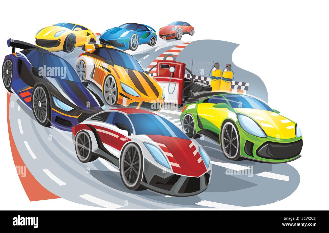 Cartoon street racing cars vehicles during race competition on white ...