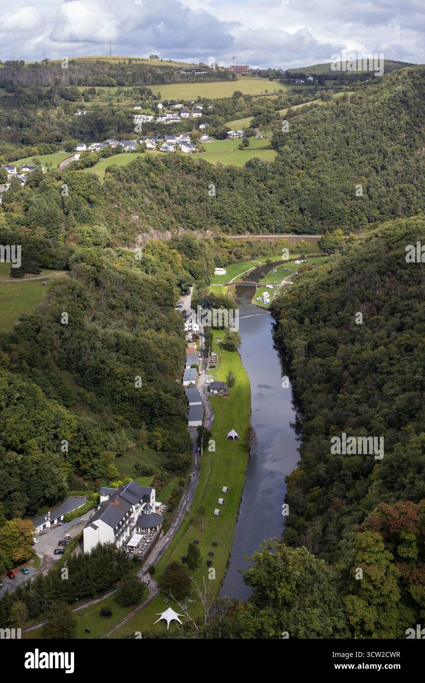 Aerial view looking north along the Sure valley towards Lipperscheid in the commune of Bourscheid, in north-eastern Luxembourg. Summer travel photogra - Stock Image