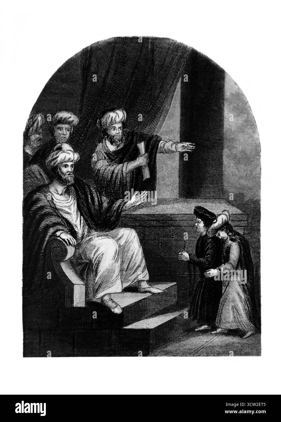 Illustration of Joel III V 3 - 'They Cast lots for my people and traded boys for prostitutes and sold girls for wine to drink' Joel describing the op Stock Photo
