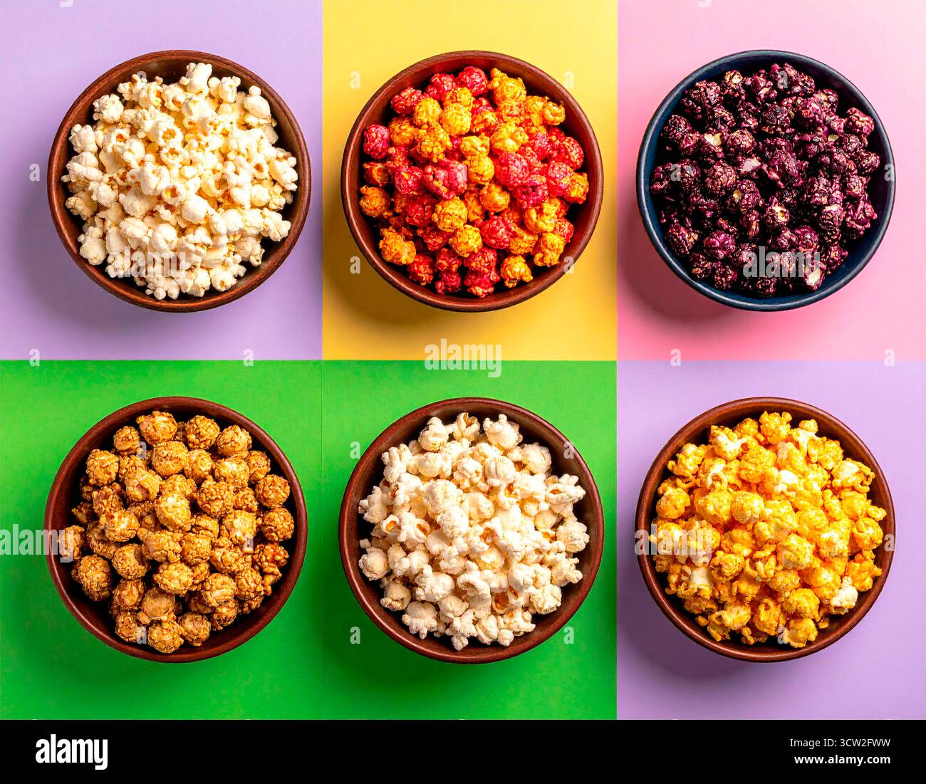 Bowls displaying various flavored popcorn on a multicolored background, creating a vibrant snack selection from above Stock Photo