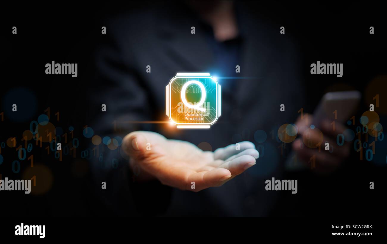 Human hand holding glowing quantum processor chip. Powerful artificial intelligence, high-speed data analysis, and futuristic technology innovation in Stock Photo