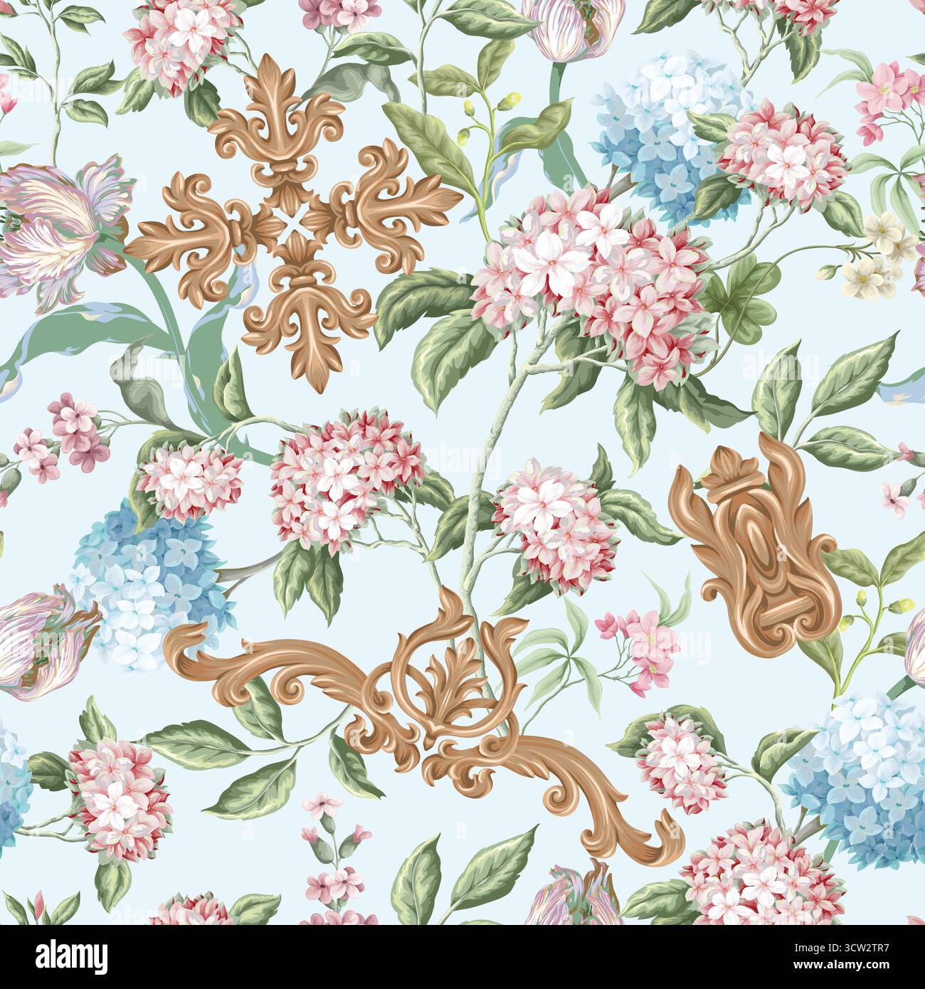Victorian floral hydrangea baroque ornament luxury pattern vector seamless background. Stock Vector