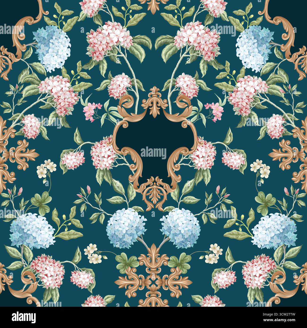 Victorian floral hydrangea baroque ornament luxury pattern vector seamless background. Stock Vector