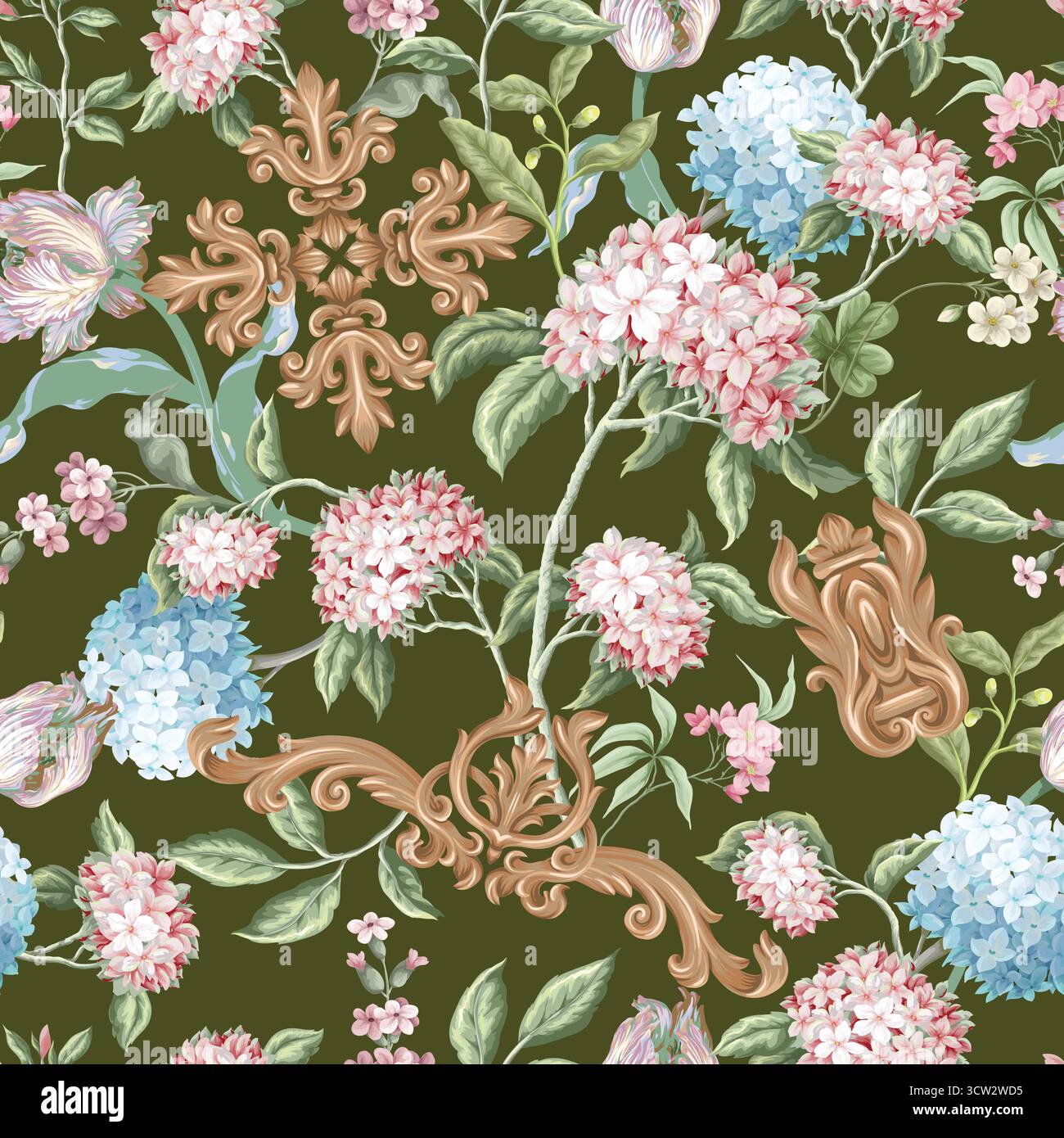 Victorian floral hydrangea baroque ornament luxury pattern vector seamless background. Stock Vector