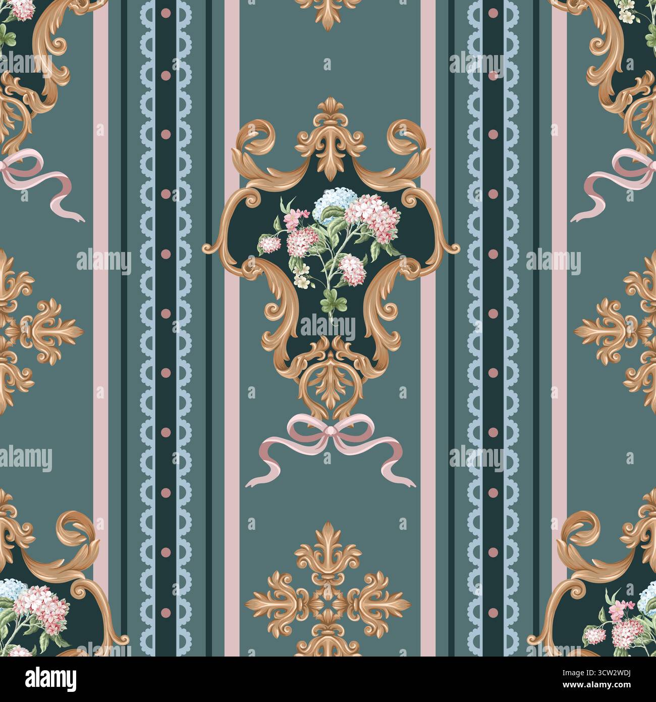 Victorian floral hydrangea stripe baroque ornament luxury pattern vector seamless background Stock Vector