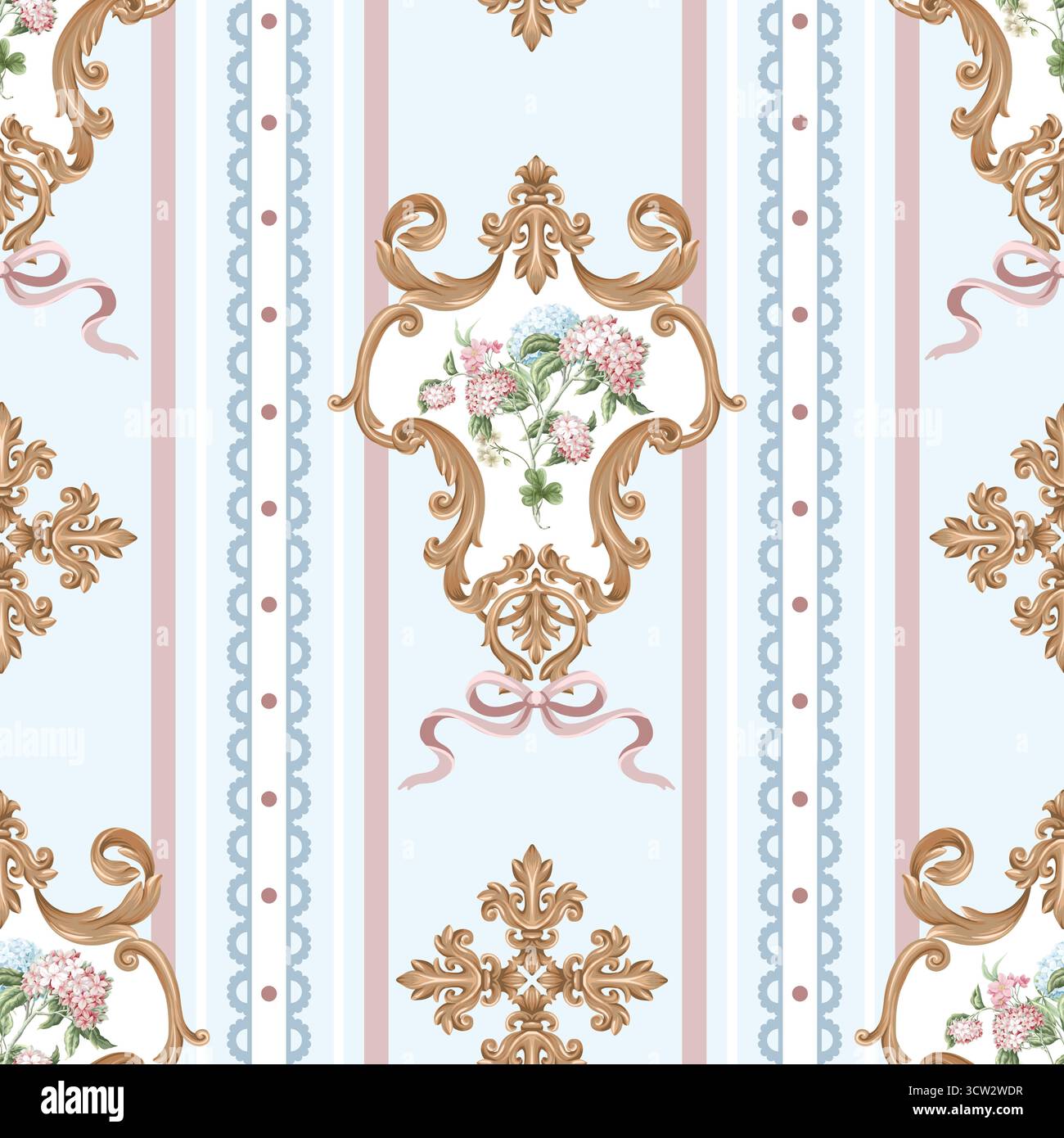Victorian floral hydrangea stripe baroque ornament luxury pattern vector seamless background Stock Vector