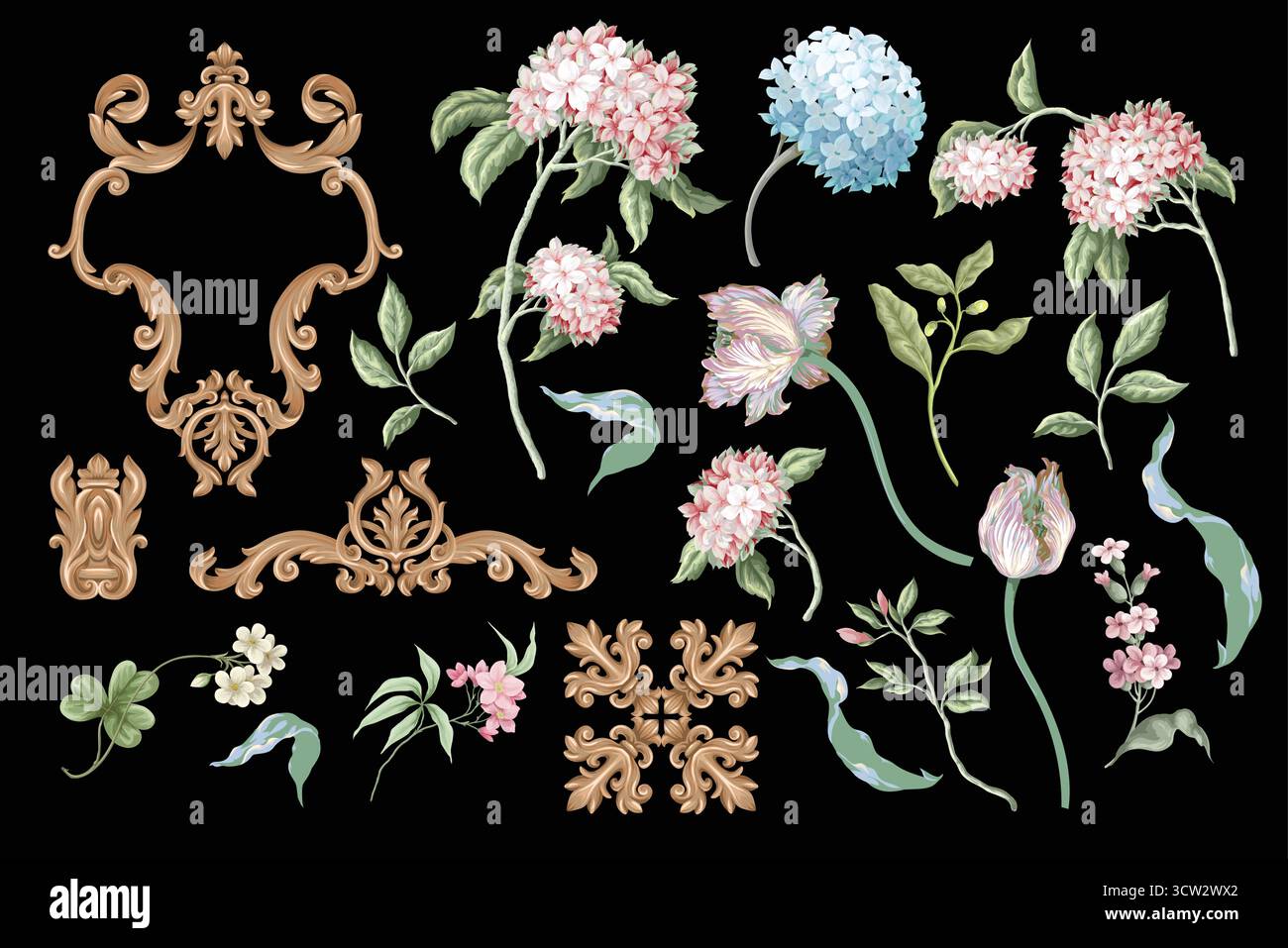 Victorian floral hydrangea and baroque elements isolated. Vector Stock Vector