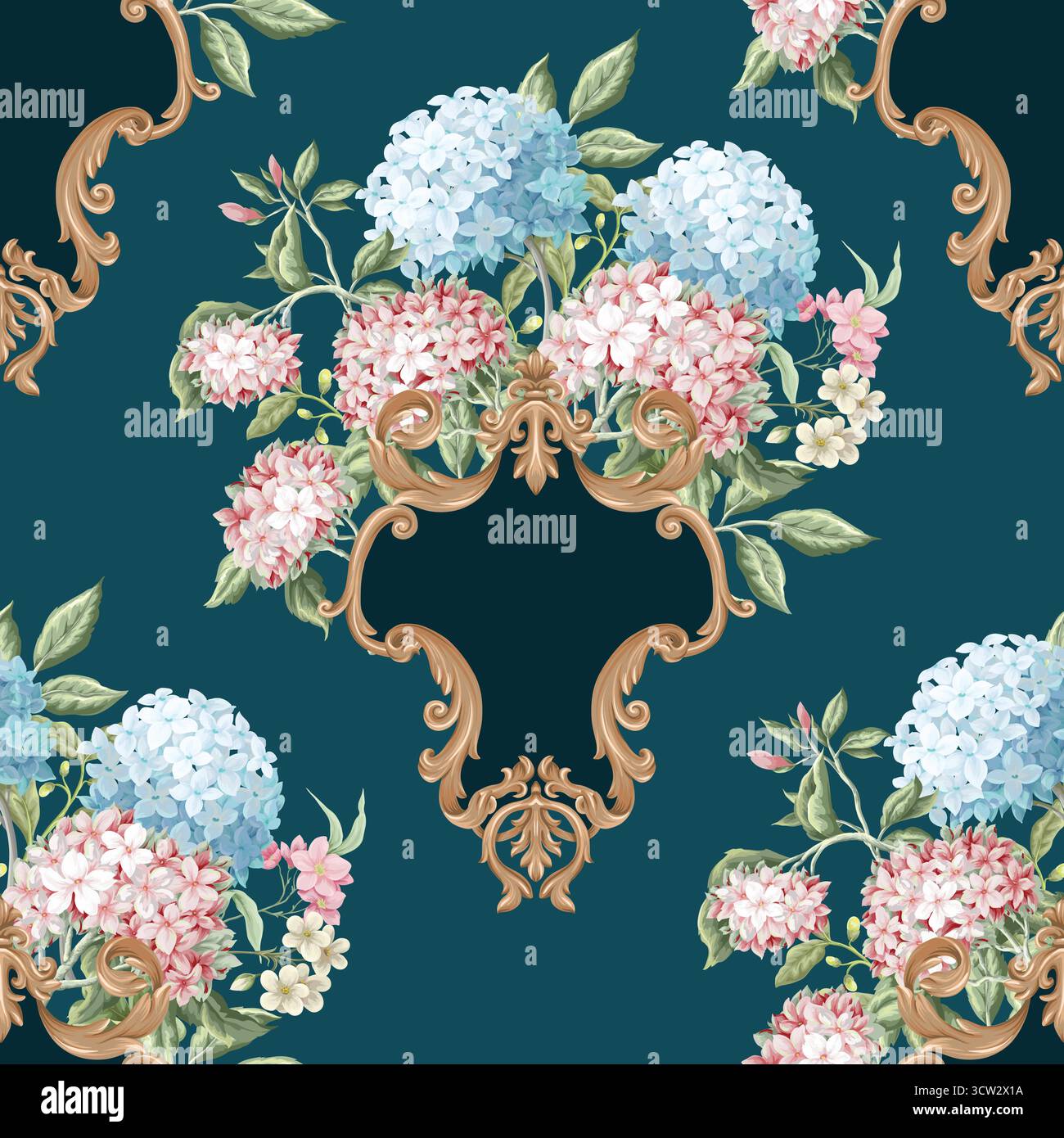 Victorian floral hydrangea baroque ornament luxury pattern vector seamless background. Stock Vector