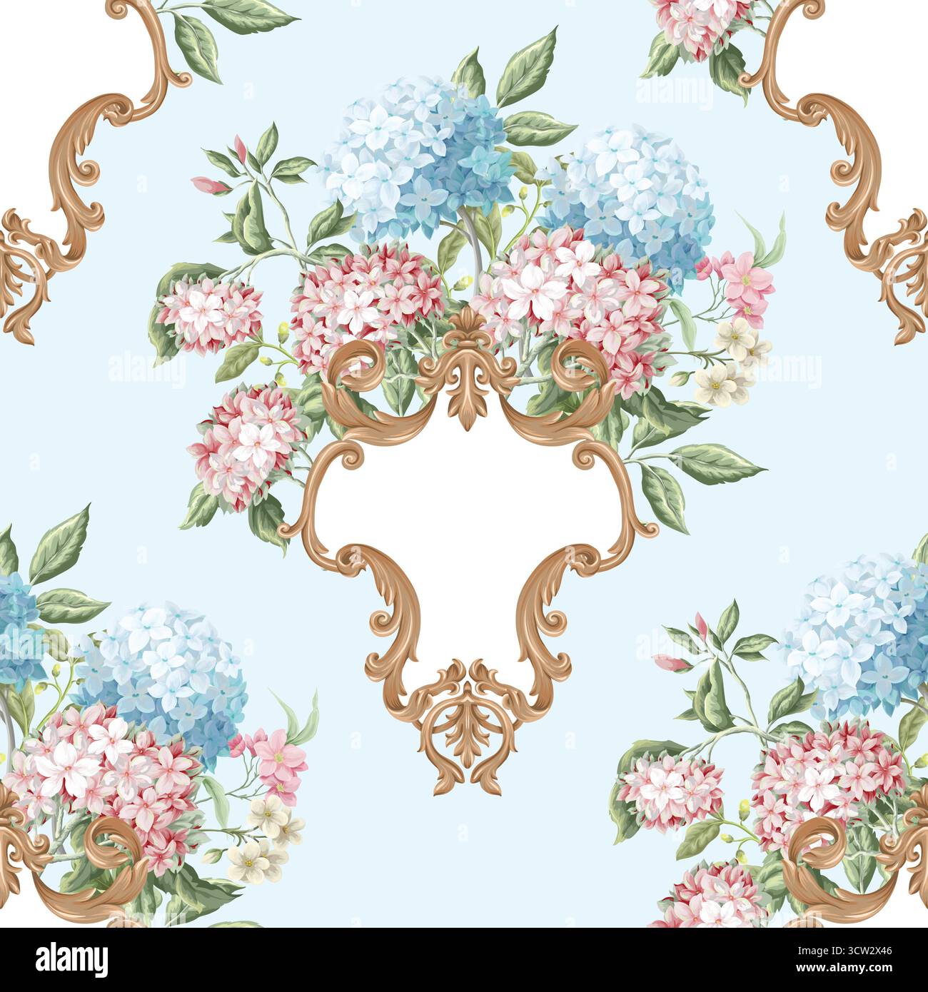 Victorian floral hydrangea baroque ornament luxury pattern vector seamless background. Stock Vector