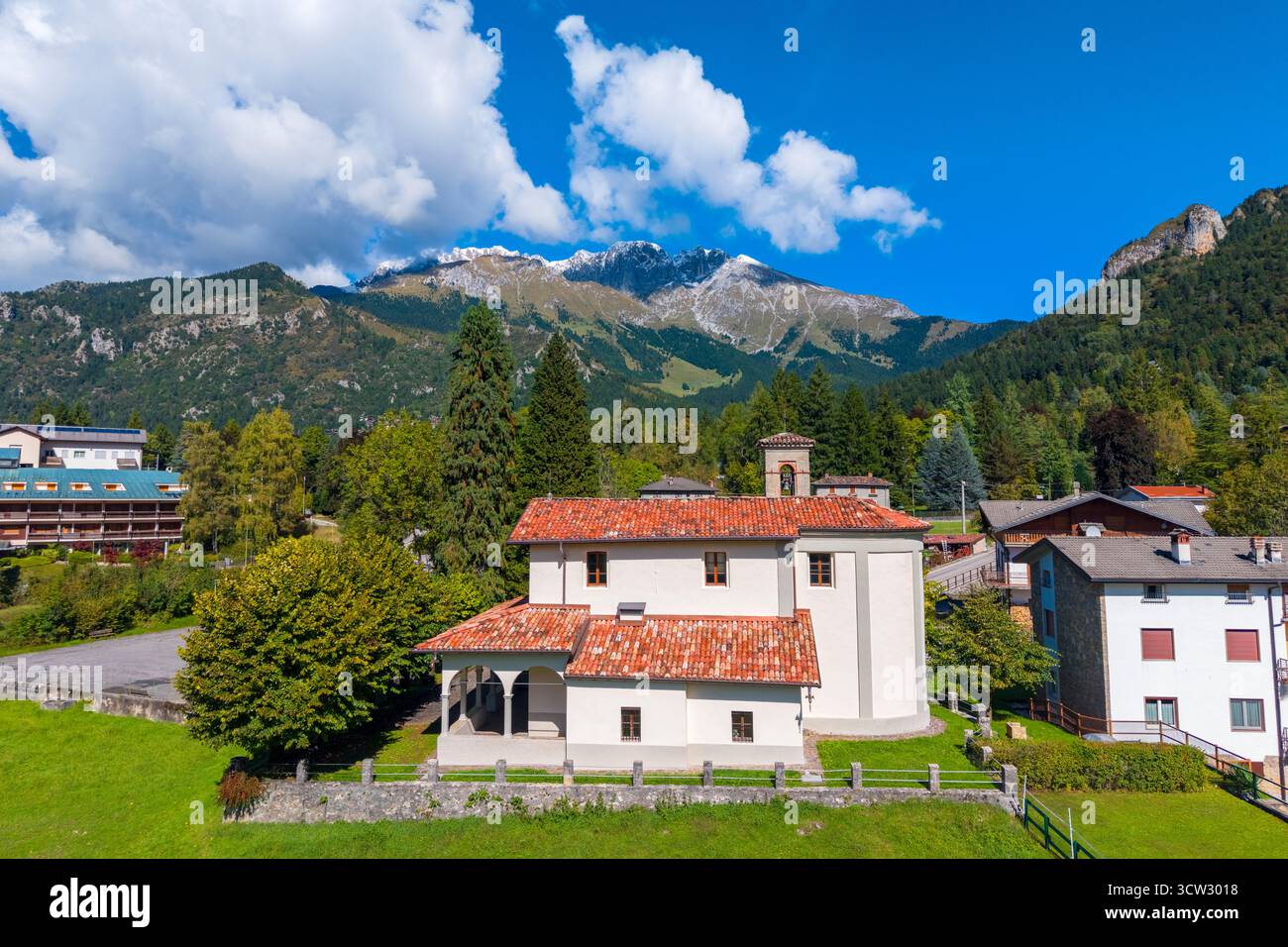 Aerial view of the Santuario di Lantana church in autumn. Castione della Presolana, Seriana Valley, Bergamo province, Italy. Stock Photo