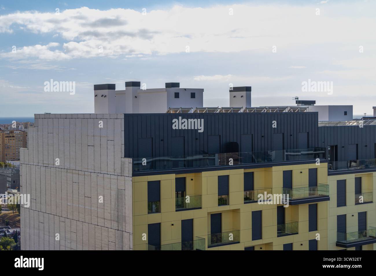 Curated visual reference: Fresh Look at New Apartment Building Showing Insulated Facade And Solar Panels On