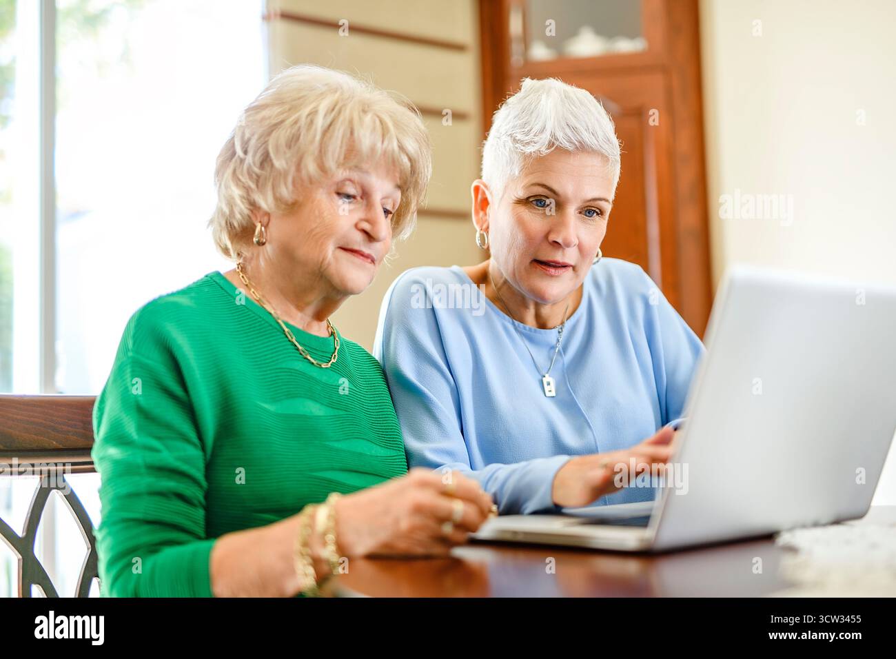 daughter explaining some documentation to senior parent Stock Photo