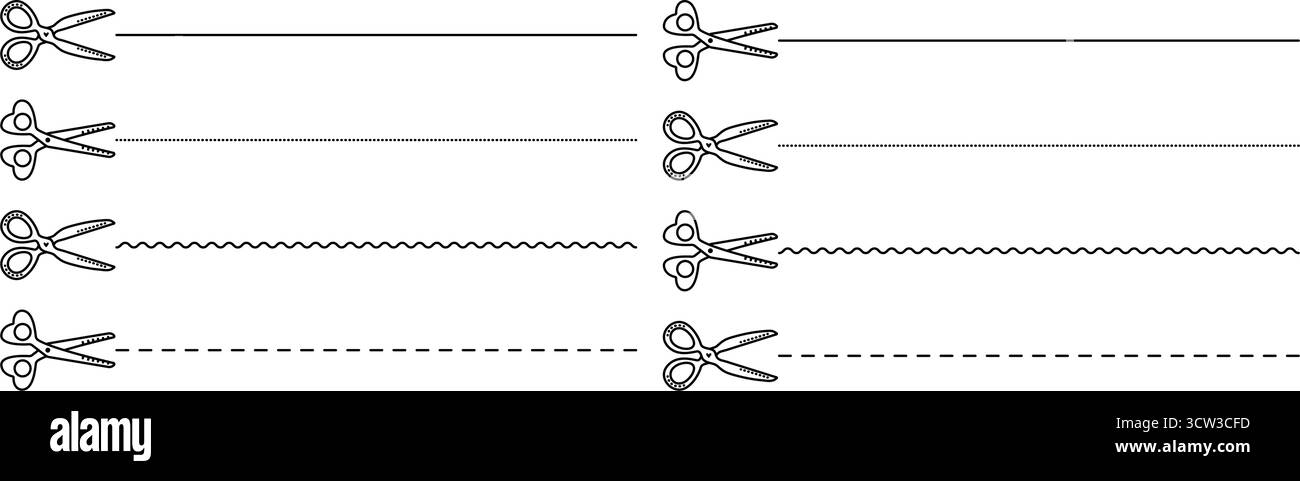 Scissors black line cutter set, monochrome shears with cutting lines. Cut lines across paper pages, vector signs in various styles Stock Vector