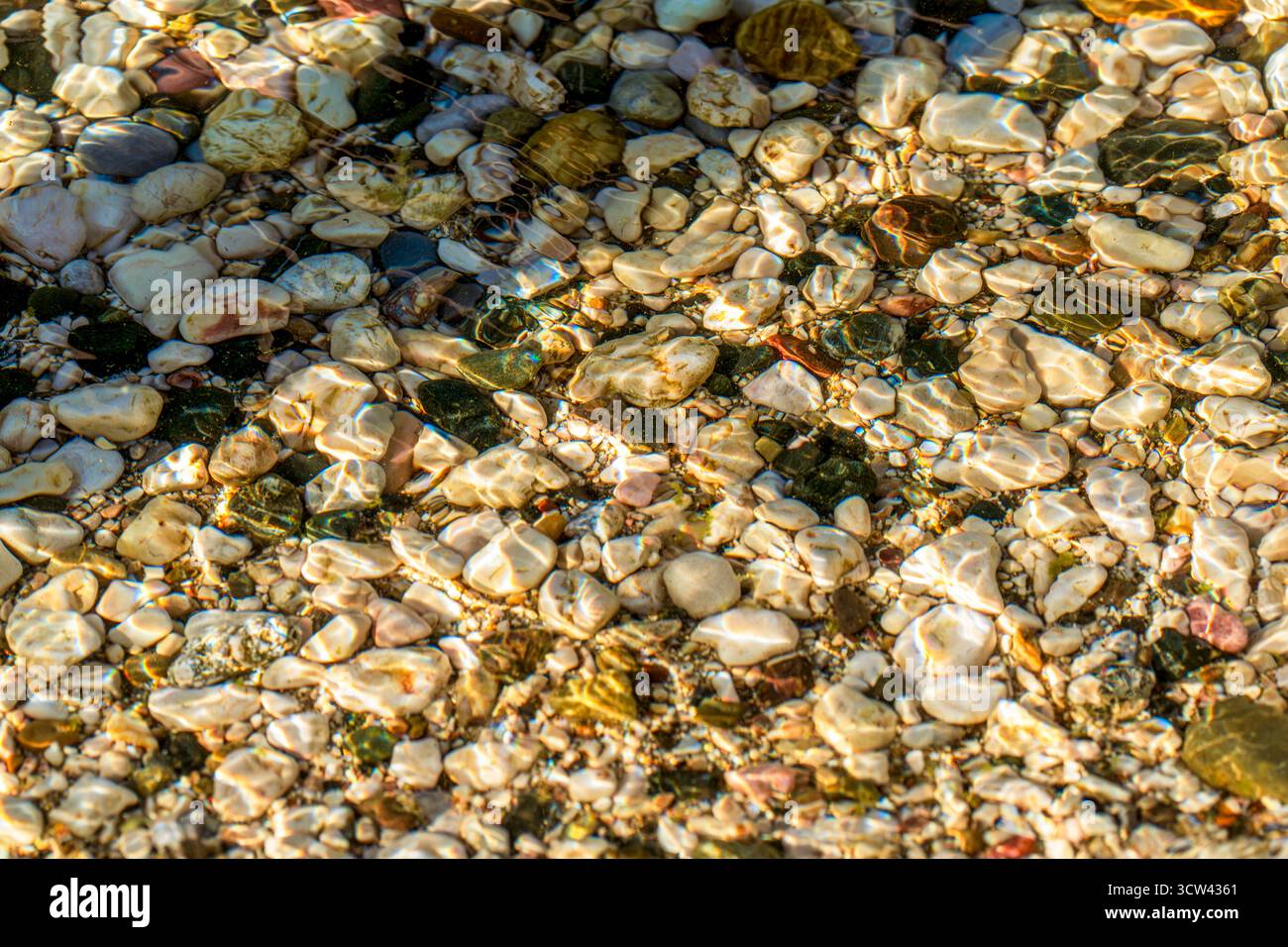 Sunlit Pebbles Beneath Crystal Clear Water Creating Natural Abstract Patterns Stock Photo