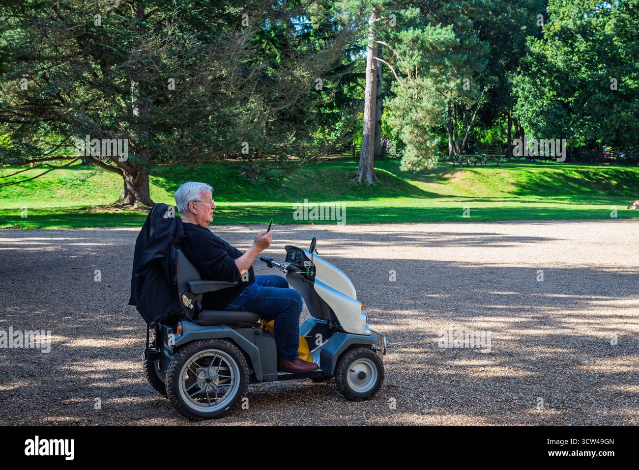 Elderly man using smartphone while seated on mobility scooter in a park Stock Photo