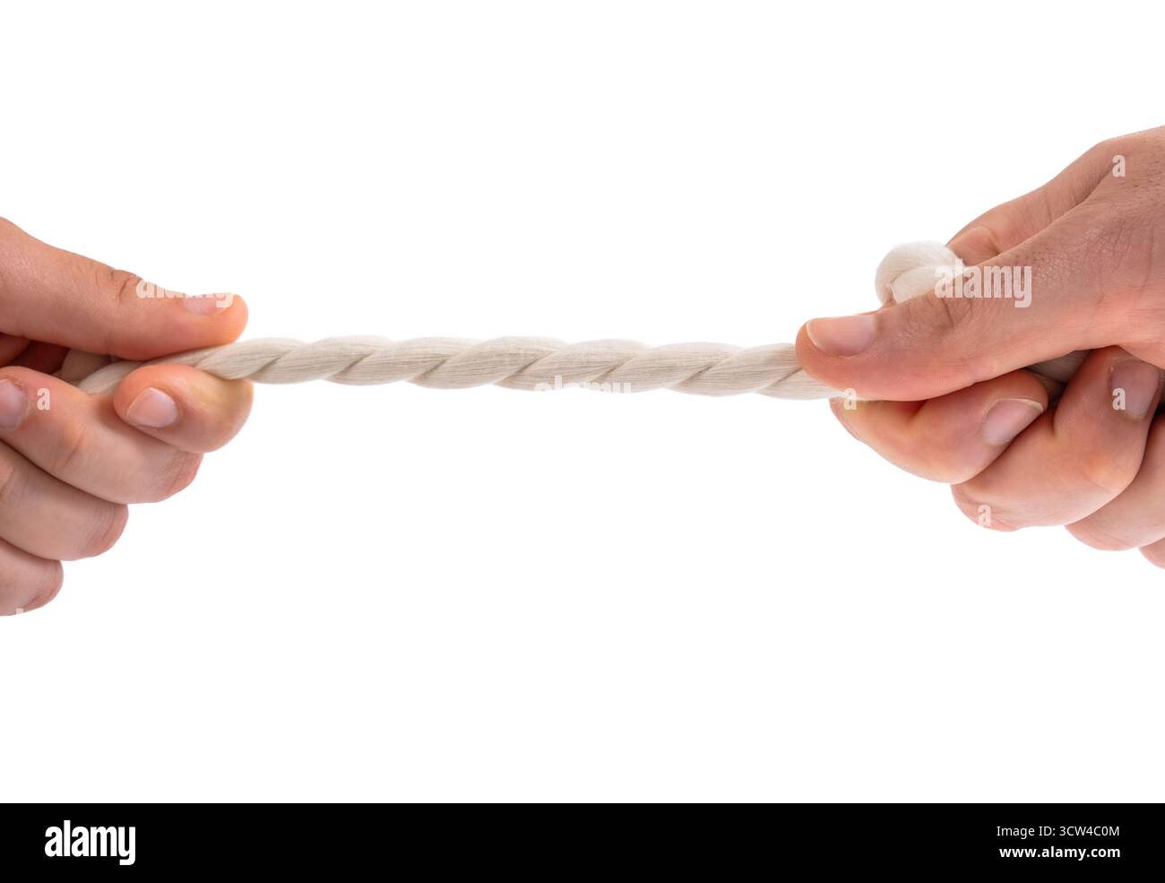 Two people pulling a rope in opposite direction isolated on white ...
