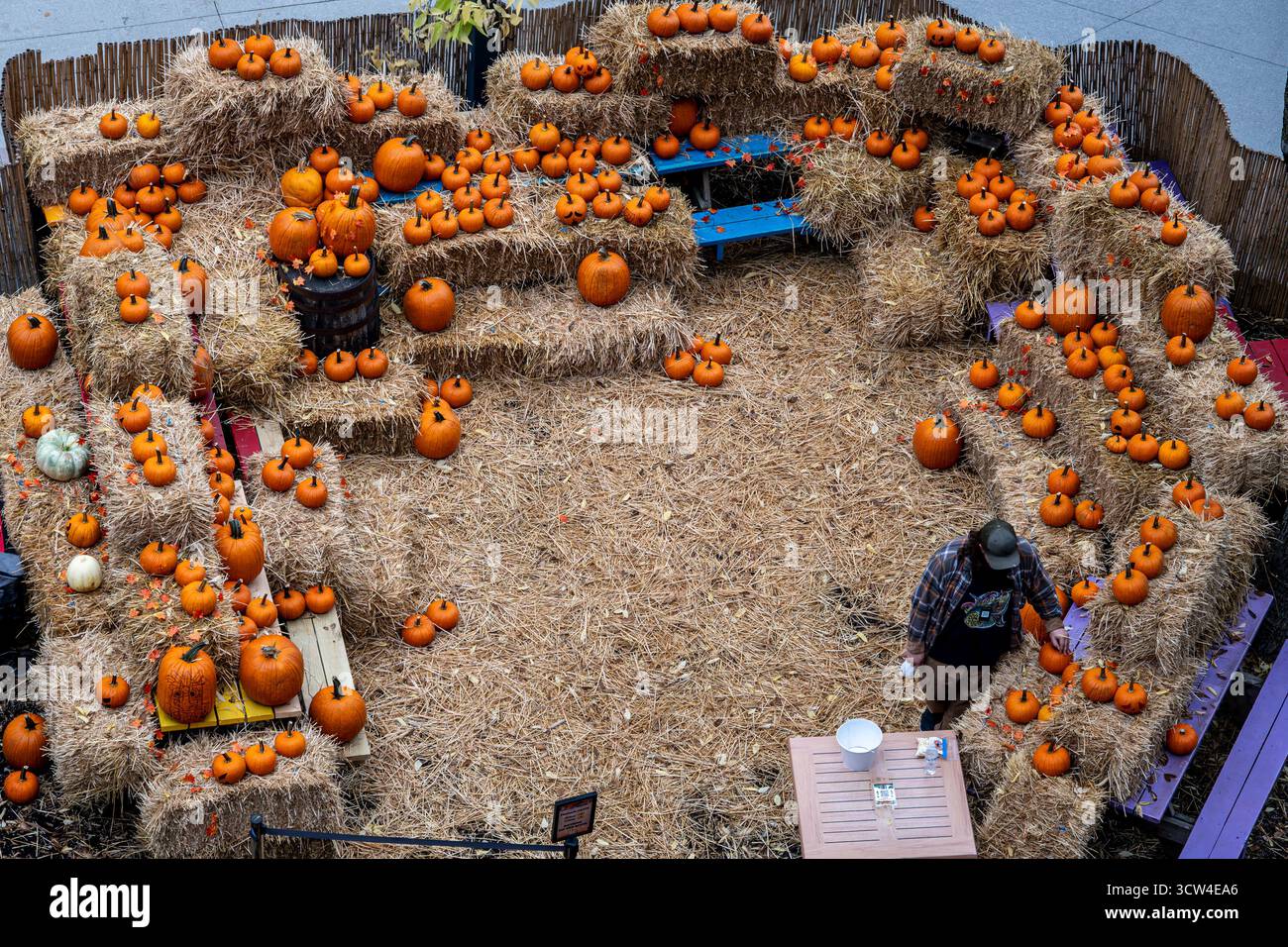 A display of pumpkins at a fall festival along the Riverwalk in Chicago Stock Photo