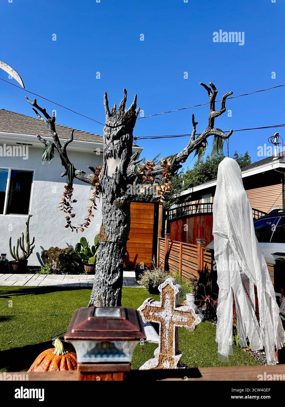 Haunted Tree and Ghost Halloween Yard Display Stock Photo - Alamy