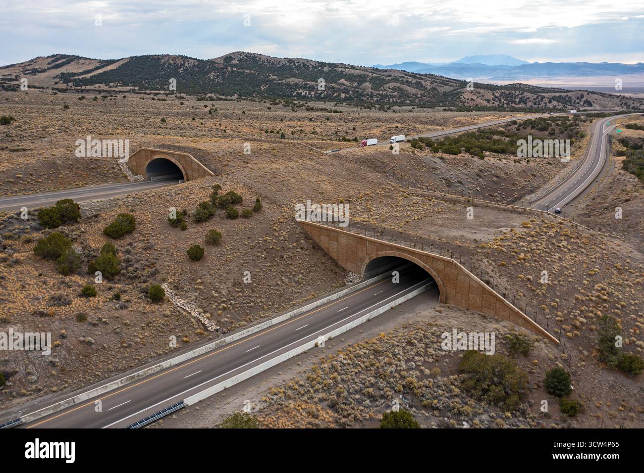Wells, Nevada - A wildlife overpass on Interstate 80 east of Wells allows elk, deer, mountain lions and other animals to safety cross the freeway, red Stock Photo