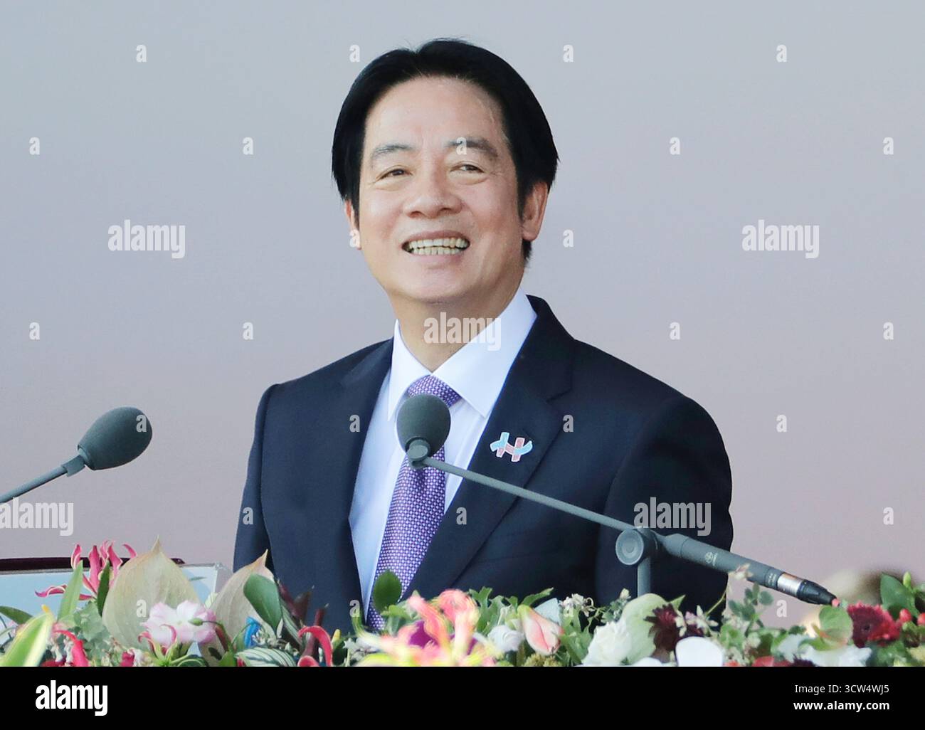 Taiwanese President Lai Ching-te delivers a speech during National Day ...