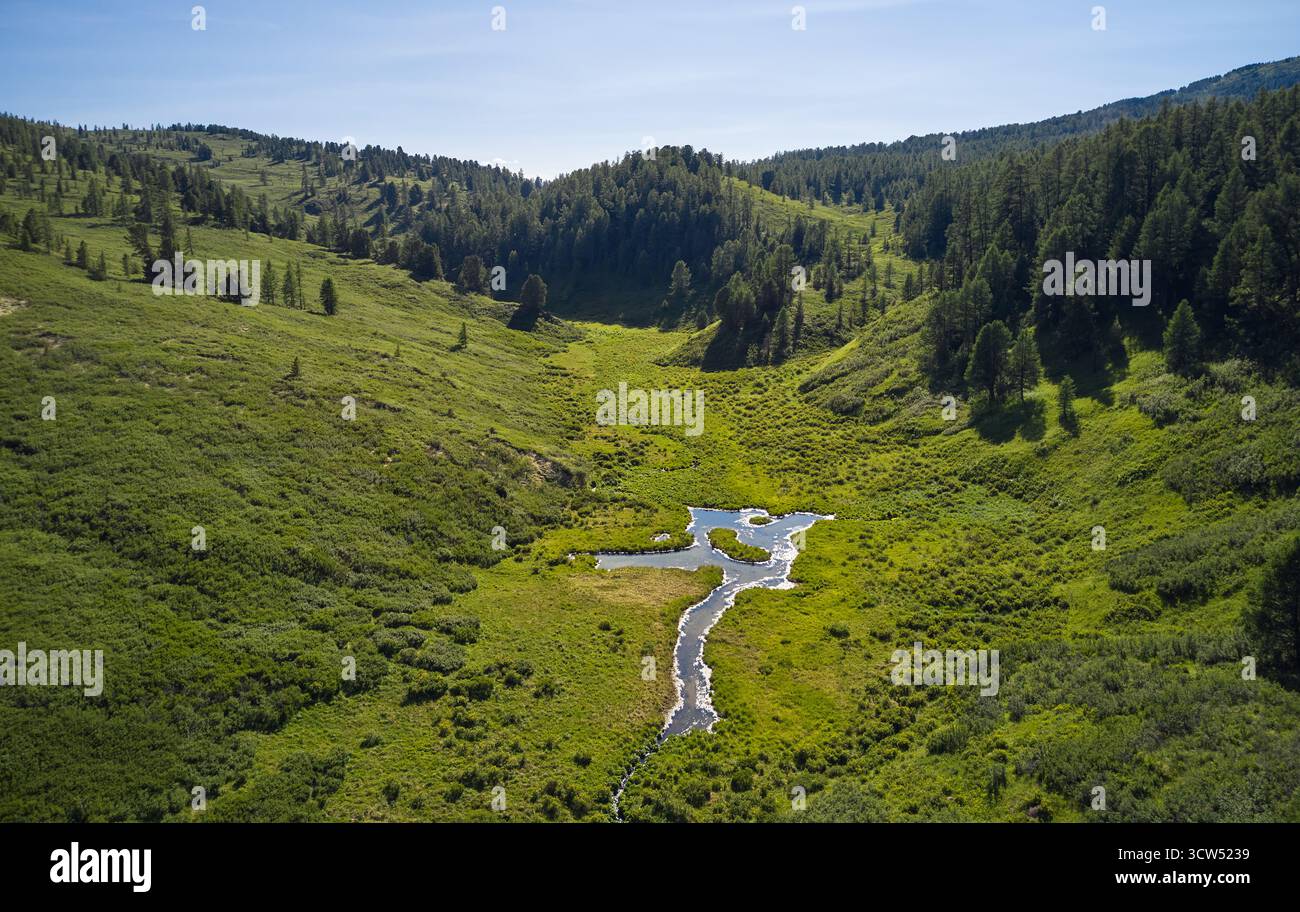 Aerial photo of Yazula (other name Azhu,) mountain pass in Altai ...