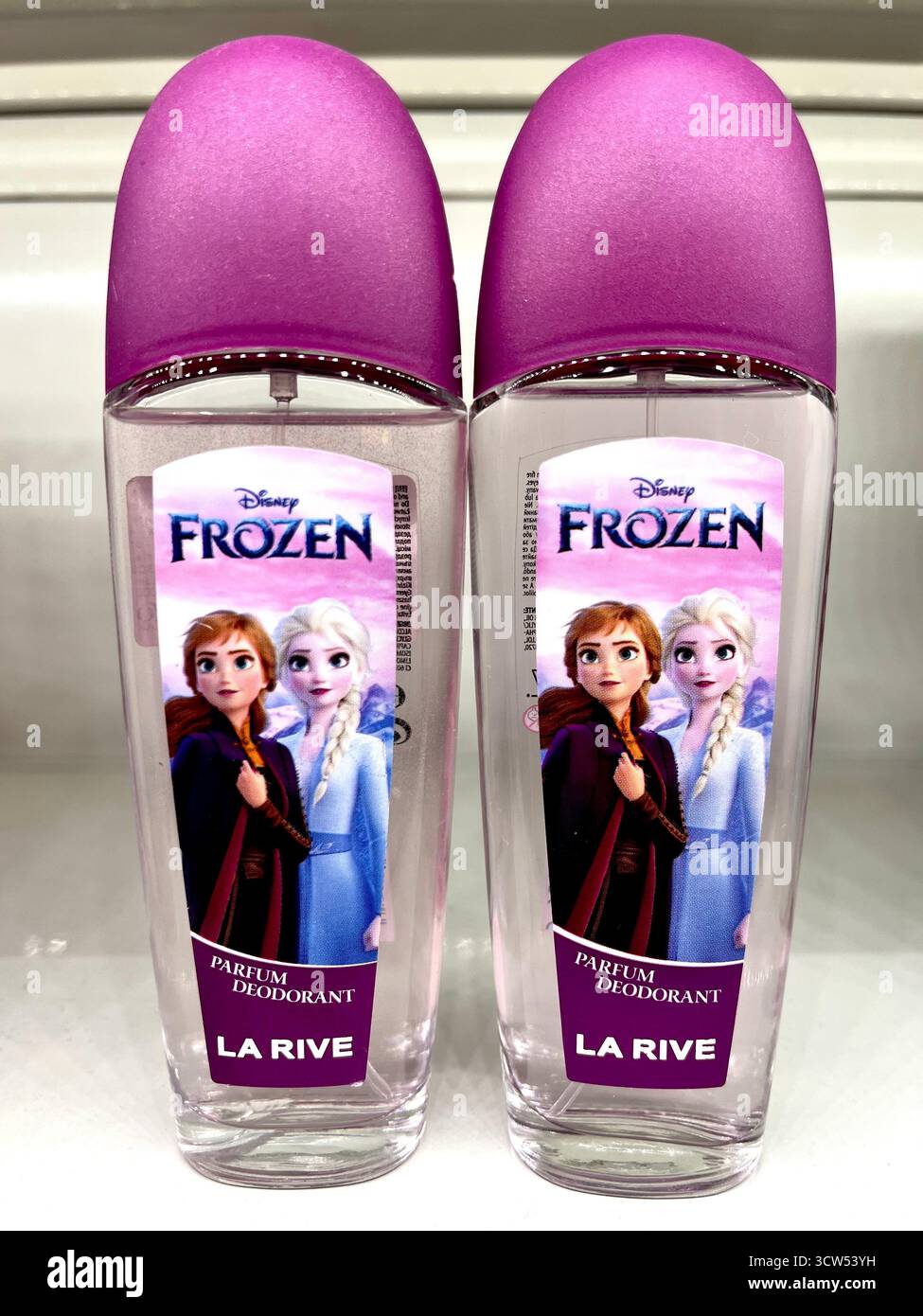 Frozen Disney branded deodorant parfum by La Rive displayed on a retail shelf in Bulgaria, official licensed merchandise, Eastern Europe, Balkans, EU - Smartphone Captured Stock Image
