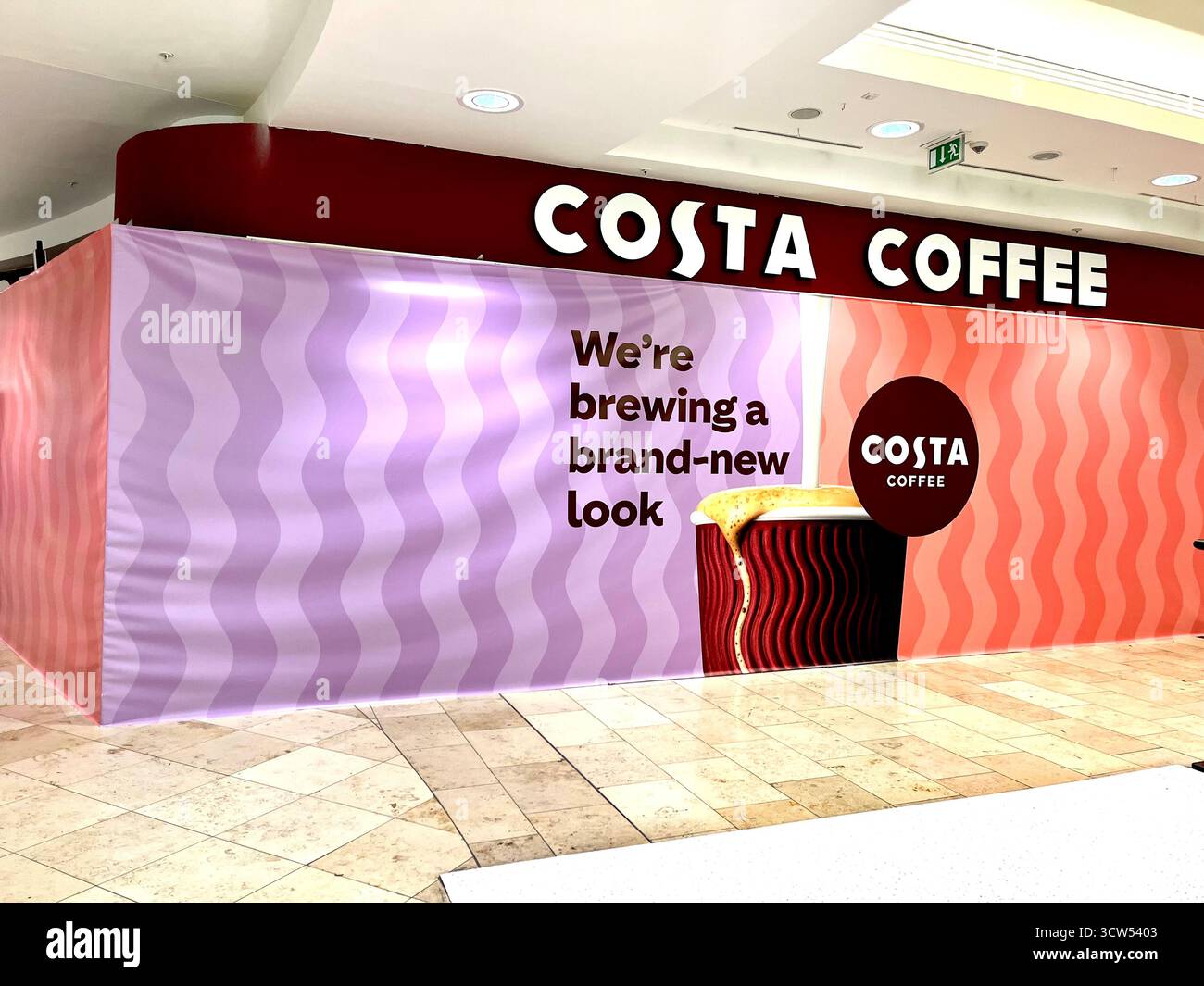 Costa Coffee cafe shop coming soon in a shopping centre in Sofia Bulgaria, featuring a branded cover with the Costa Coffee slogan, Eastern Europe, EU - Smartphone Captured Stock Image