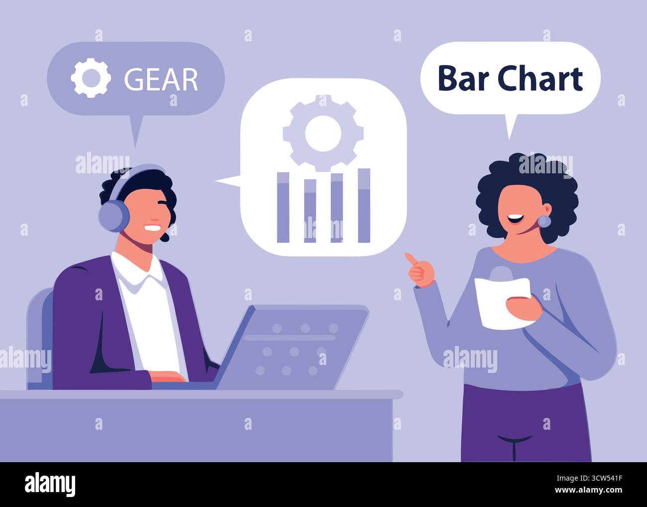 Engaging teamwork session — colleagues collaborating on project strategy using data insights and tech setup against a simple modern background. Stock Vector