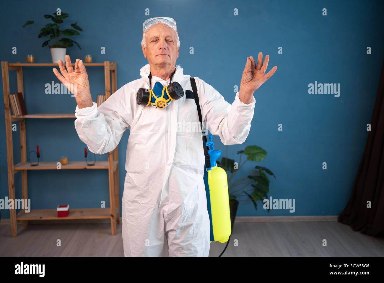 Human Killing Insect portrait of Elderly pest control worker killing insects in meditation ...