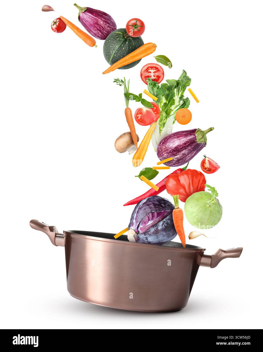 Cooking pot and different flying vegetables on white background Stock Photo