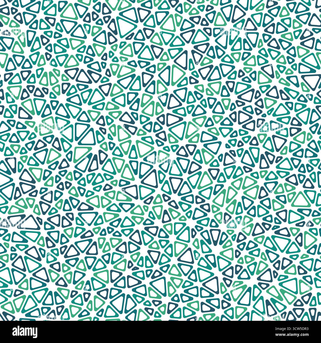 Mosaic triangles shapes background. Tiny triangles size. Multiple colors style. Rounded triangular cells outlined. Repeatable pattern. Stock Vector