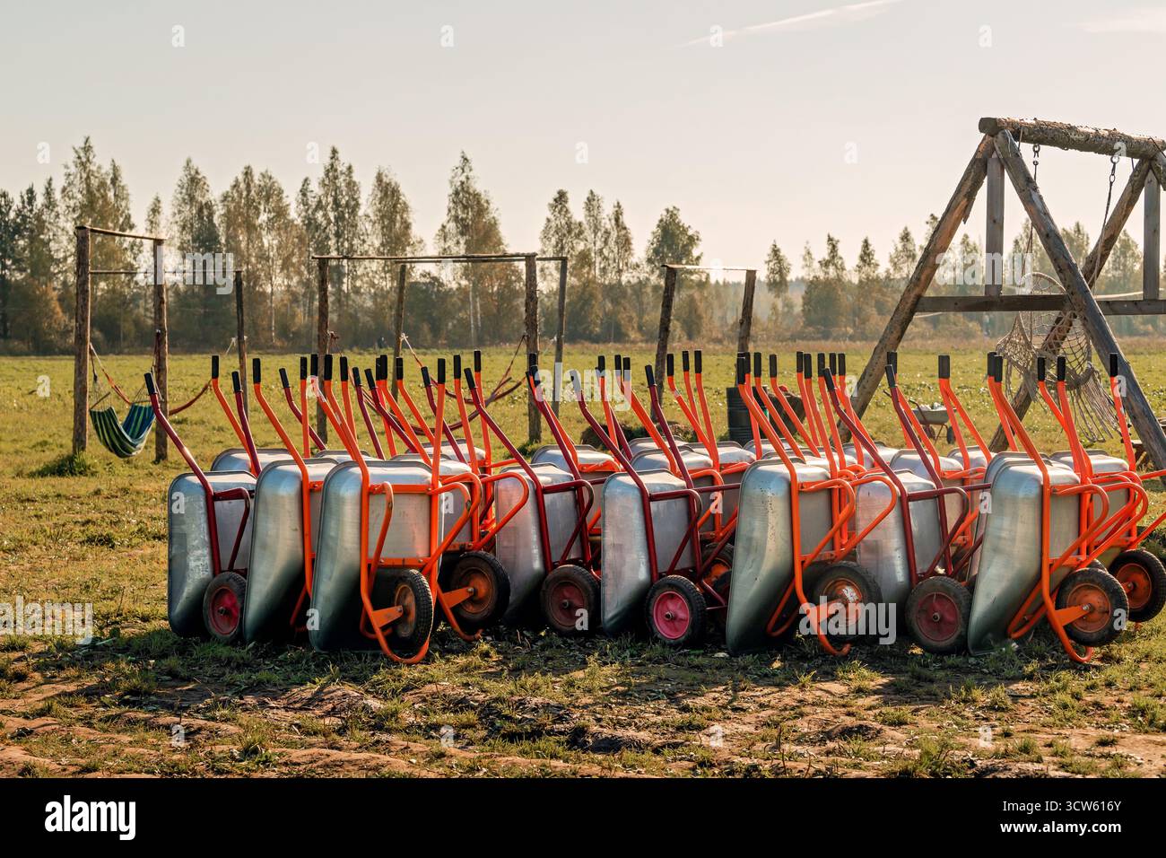 Wheelbarrows Many Many wheelbarrow parked in a row on field, ready for farm work Stock ...