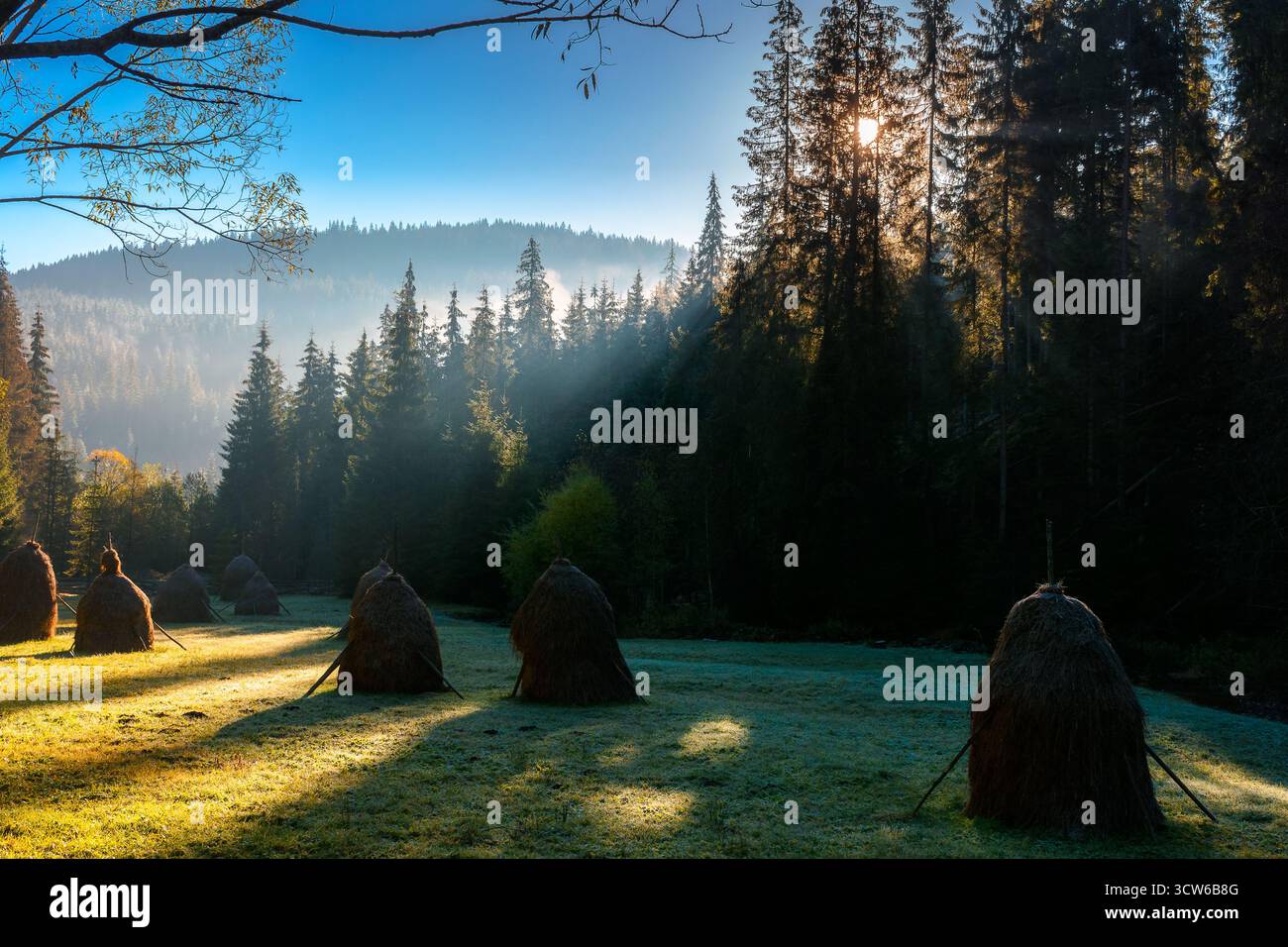 mountainous rural landscape of romania in autumn. scenic view. foggy sunrise. transylvania countryside scenery in fall season. haystacks on field in s Stock Photo