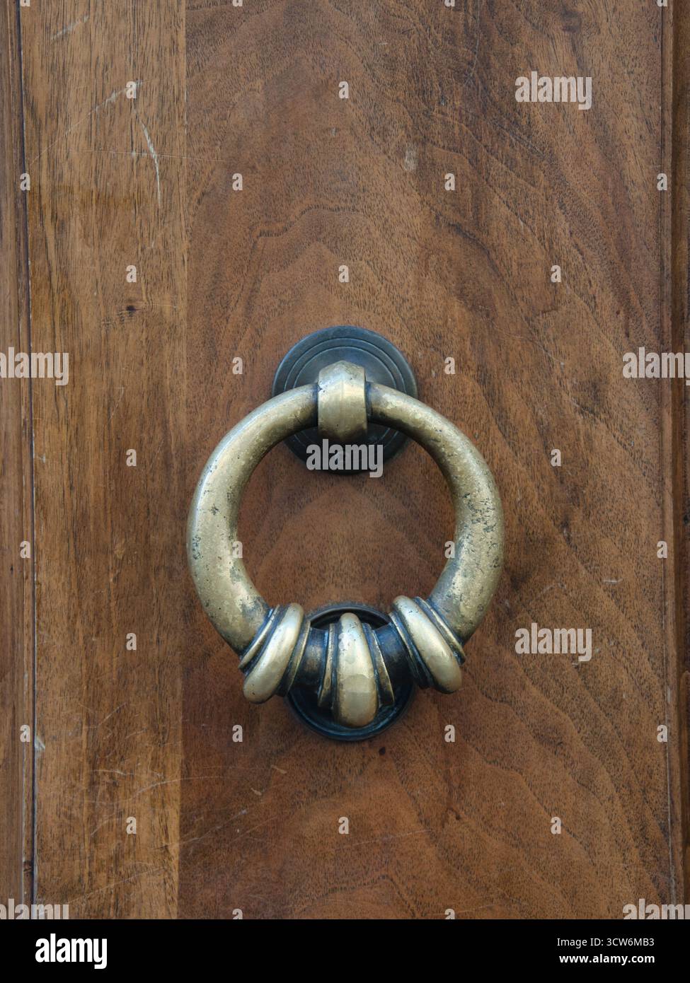 Simple Antique Brass Door Knocker on Wood - Classic, heavy brass ring ...