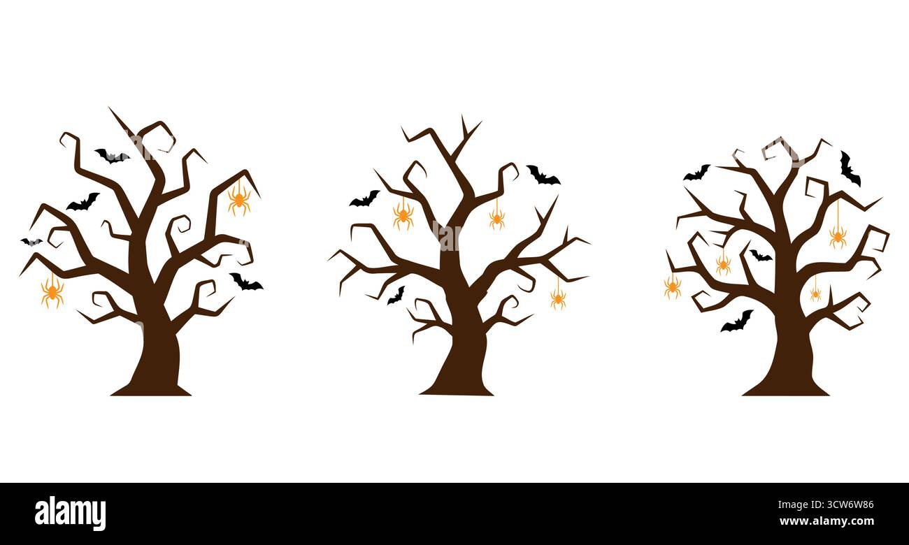 Colored spooky trees with spiders and bats. Tree icons isolated on ...