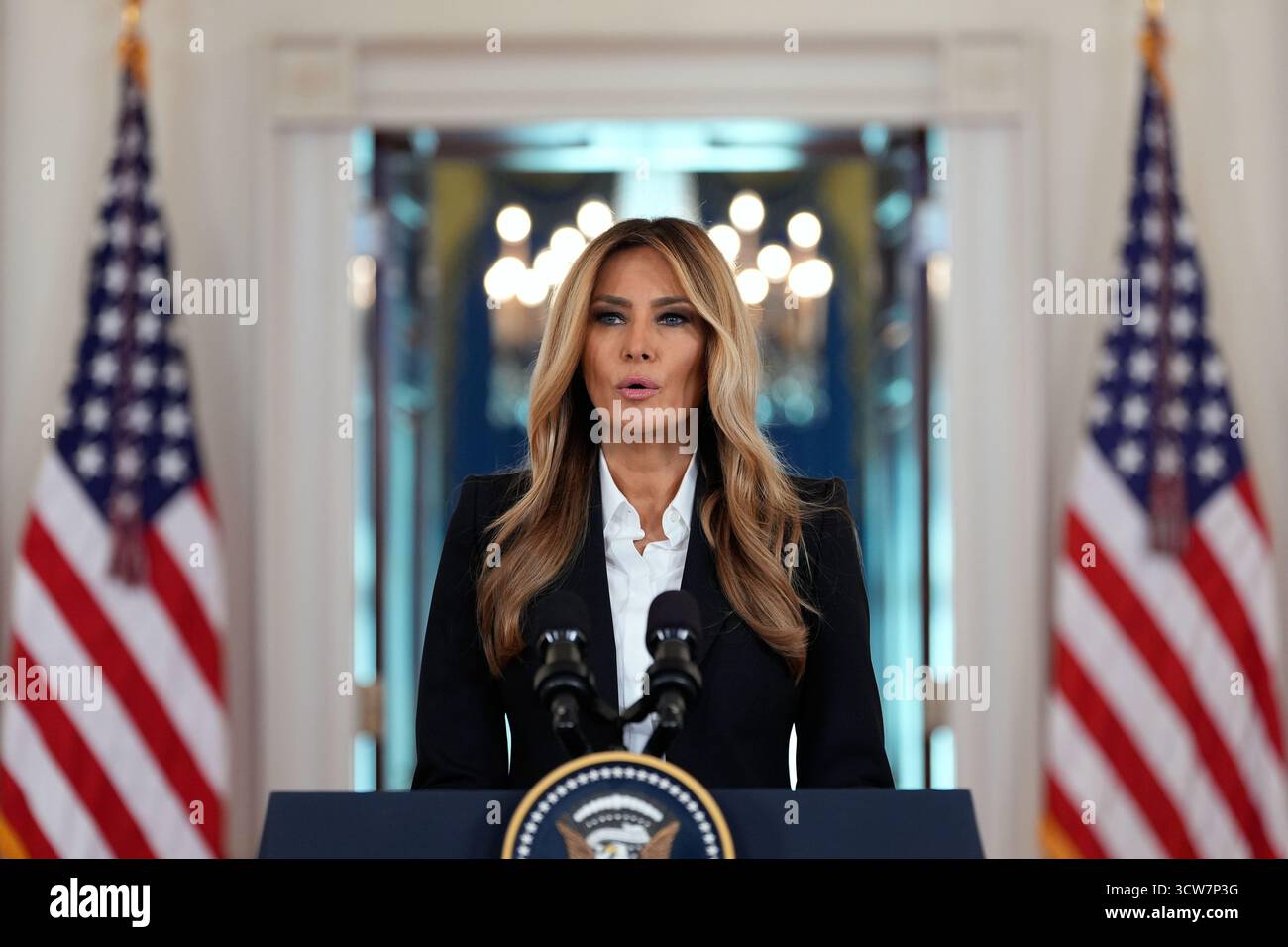 First lady Melania Trump speaks in the Grand Foyer of the White House ...
