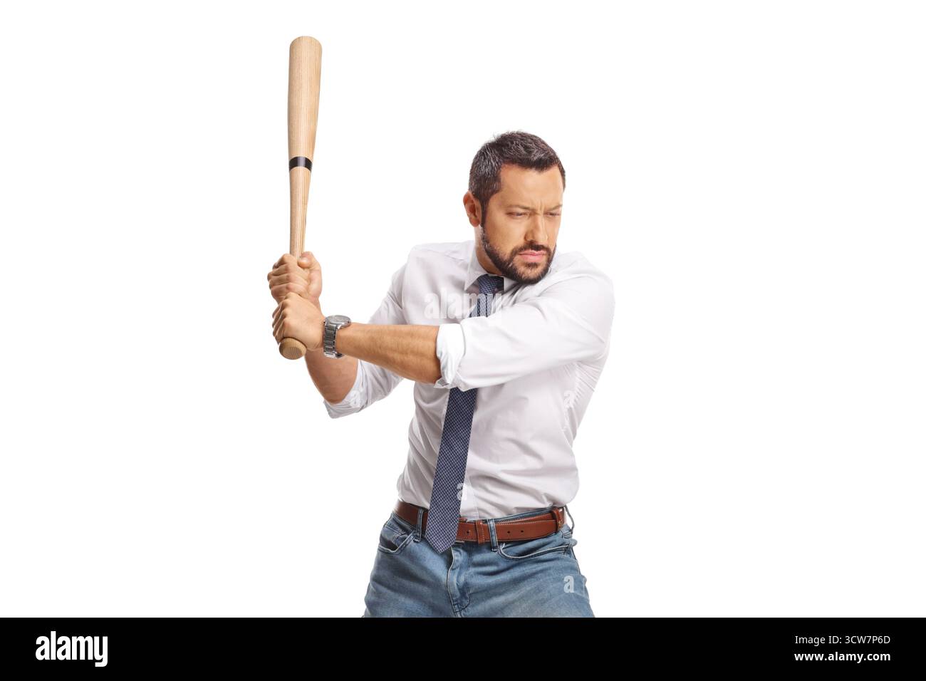 Man hitting with a baseball bat isolated on white background Stock Photo