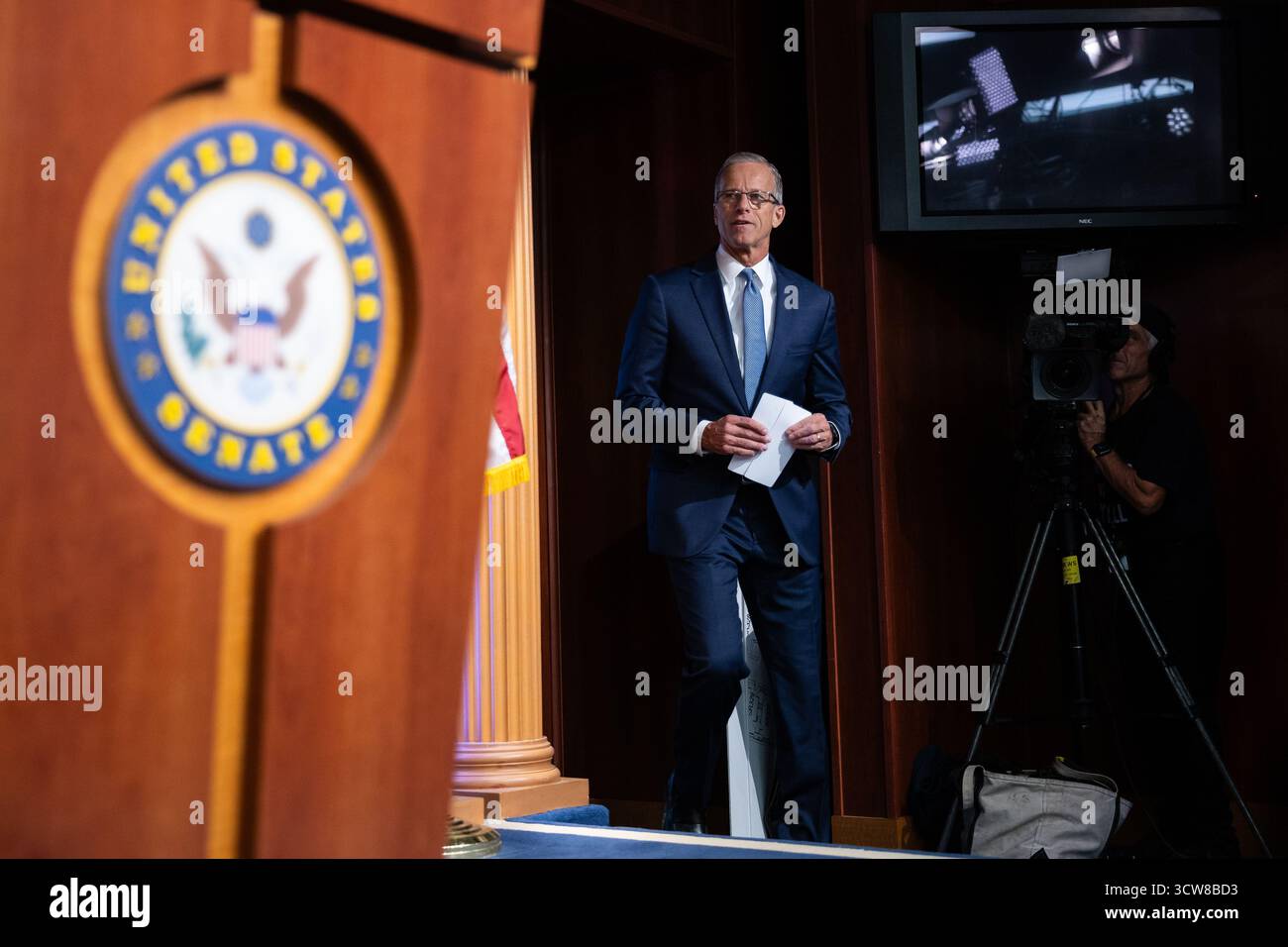 Senate Majority Leader John Thune (R-S.D.) arrives for a press ...