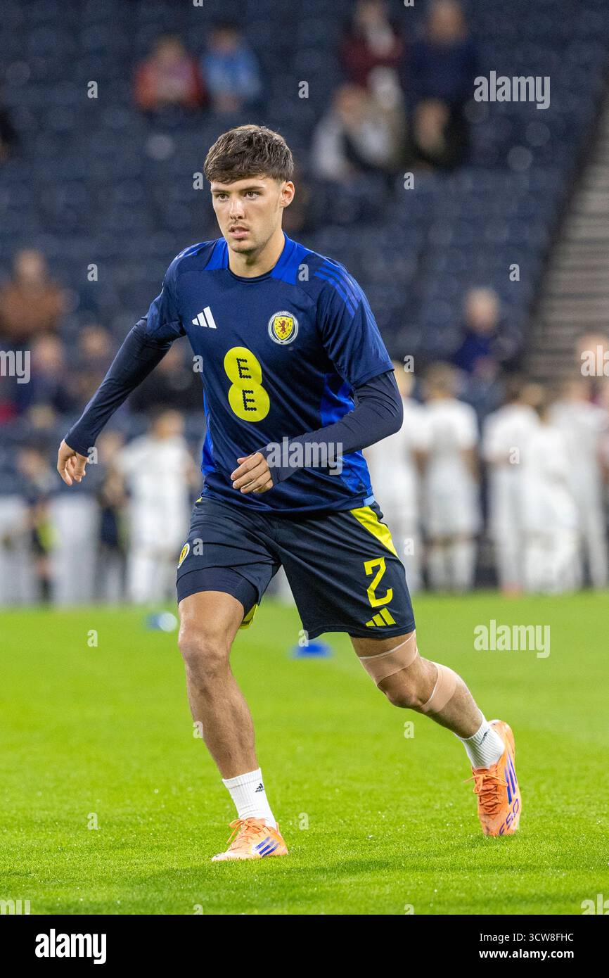 Aaron hickey, professional football player, playing for the Scotland national team. Image taken during a prematch training and warm up session. Stock Photo