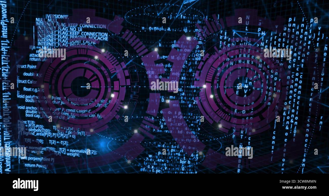 Displaying two concentric purple HUDs floating over neon grid in cyberspace, with cascading code. Futuristic, cyberspace, digital, visualization, tech Stock Photo